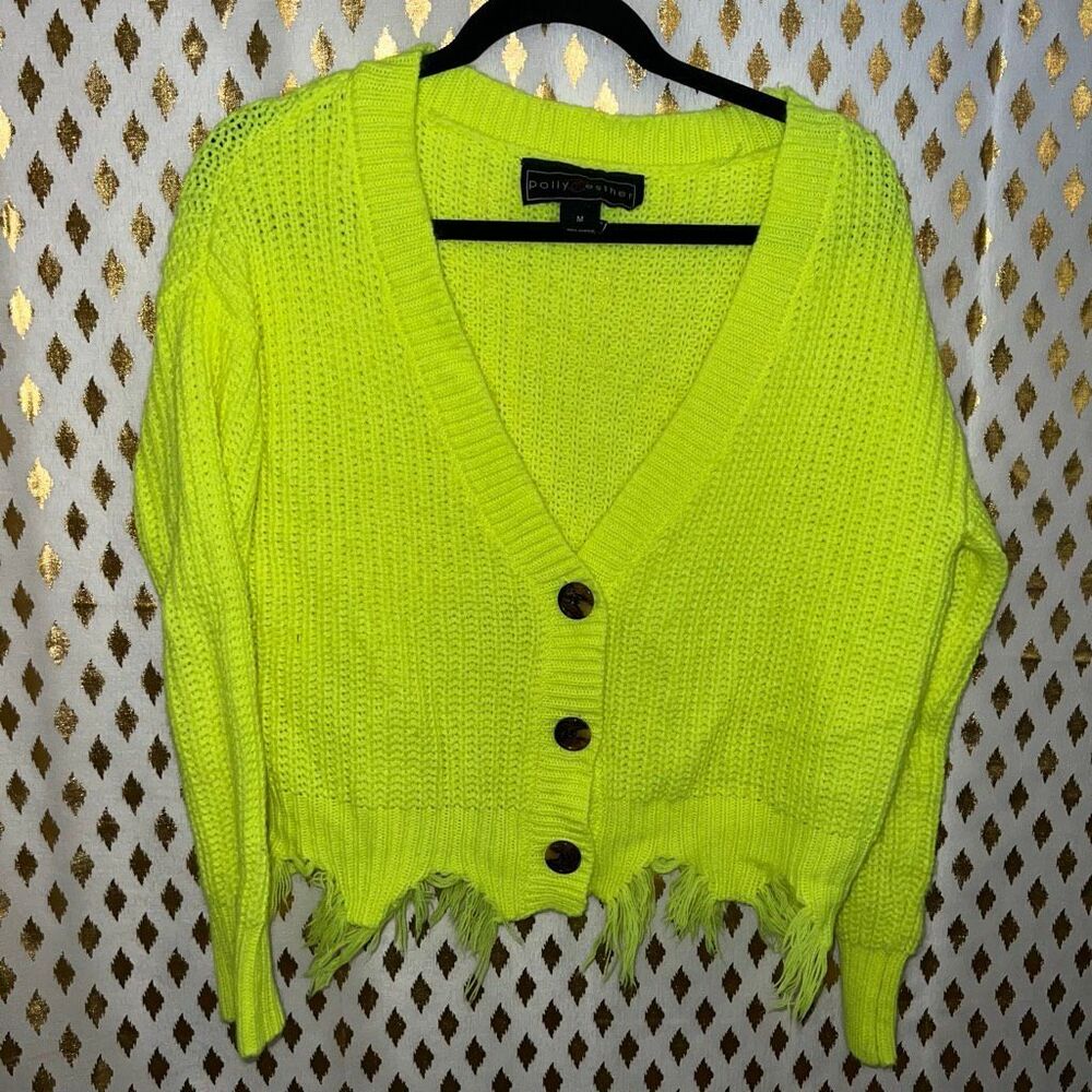 Polly & Esther Neon yellow green fluorescent UV reactive rave cropped cardigan d